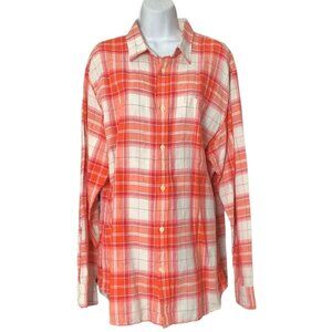 BANANA REPUBLIC Linen Button Down Shirt XL White Orange Red Plaid Lightweight